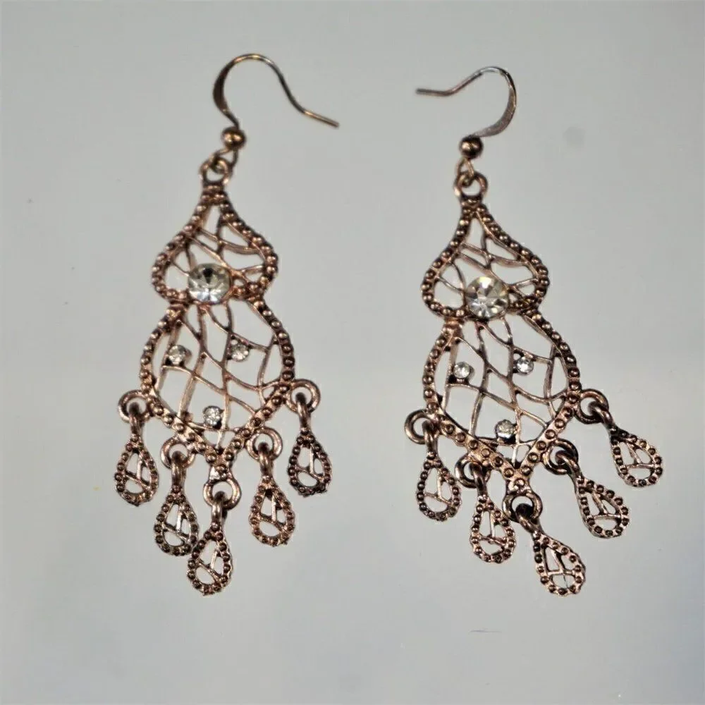 Filigree Earrings Teardrop Rhinestones In Gilded Brass Fashion Pierced